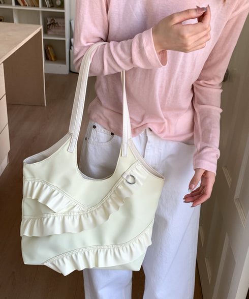 トートバッグ 大容量 肩掛けバッグ 合皮 ラッフルフリルバッグ 韓国風 大人可愛い 手提げバッグ フェイクレザー 通学通勤 ハンドバッグ A4サイズ 2WAY鞄 77YUEL-001